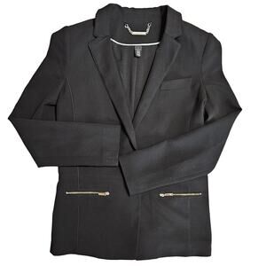 WHBM Womens 4 Blazer Zipper Pockets Lined Crepe Black Office Stretch Minimalist